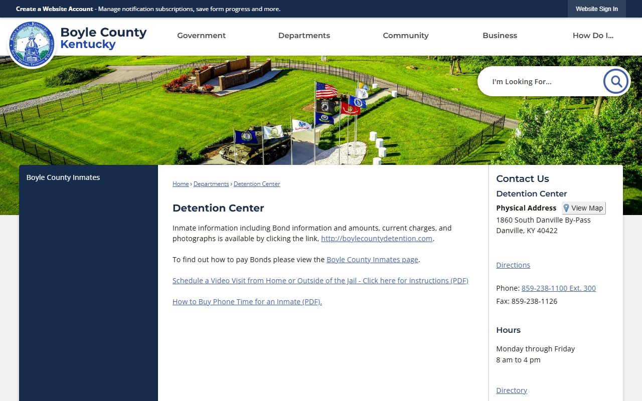 Boyle County detention page showing facility contact and inmate information links