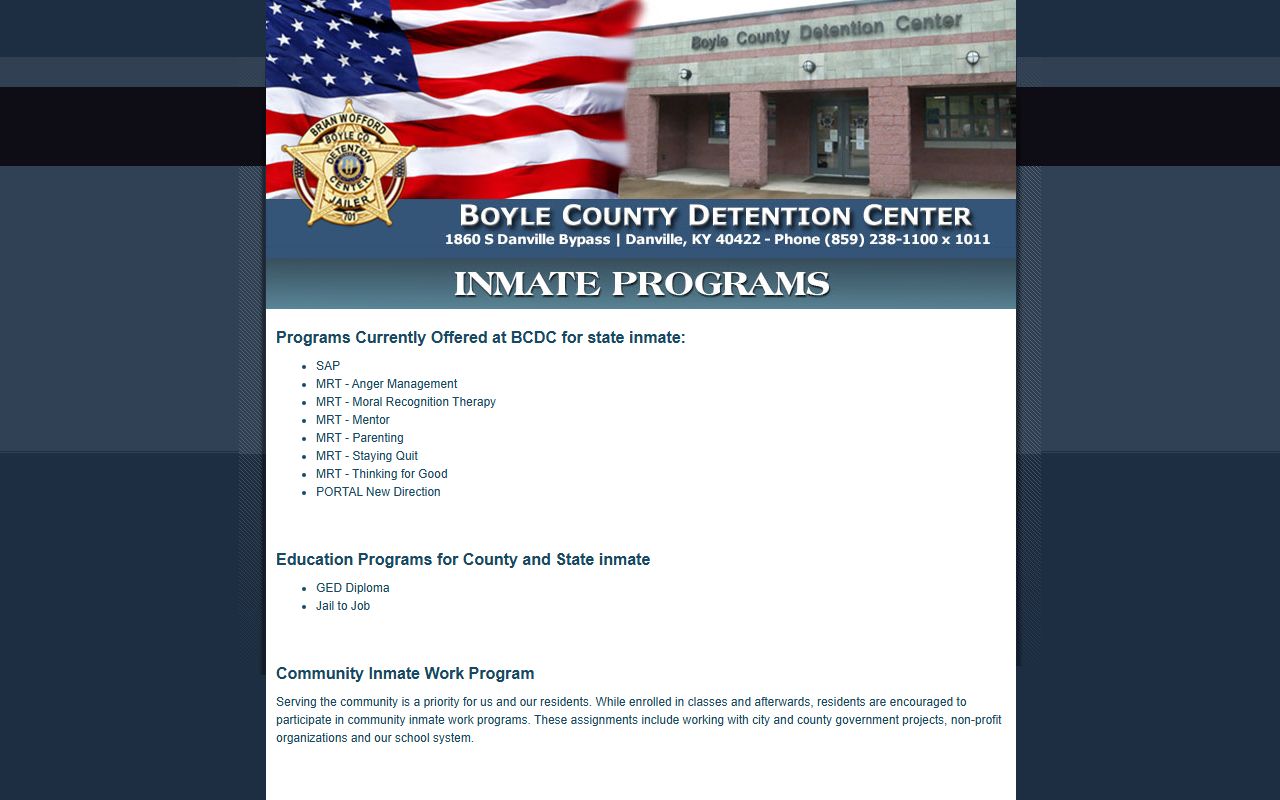 Boyle County inmate programs page listing SAP, MRT, GED, Jail to Job, and community work programs