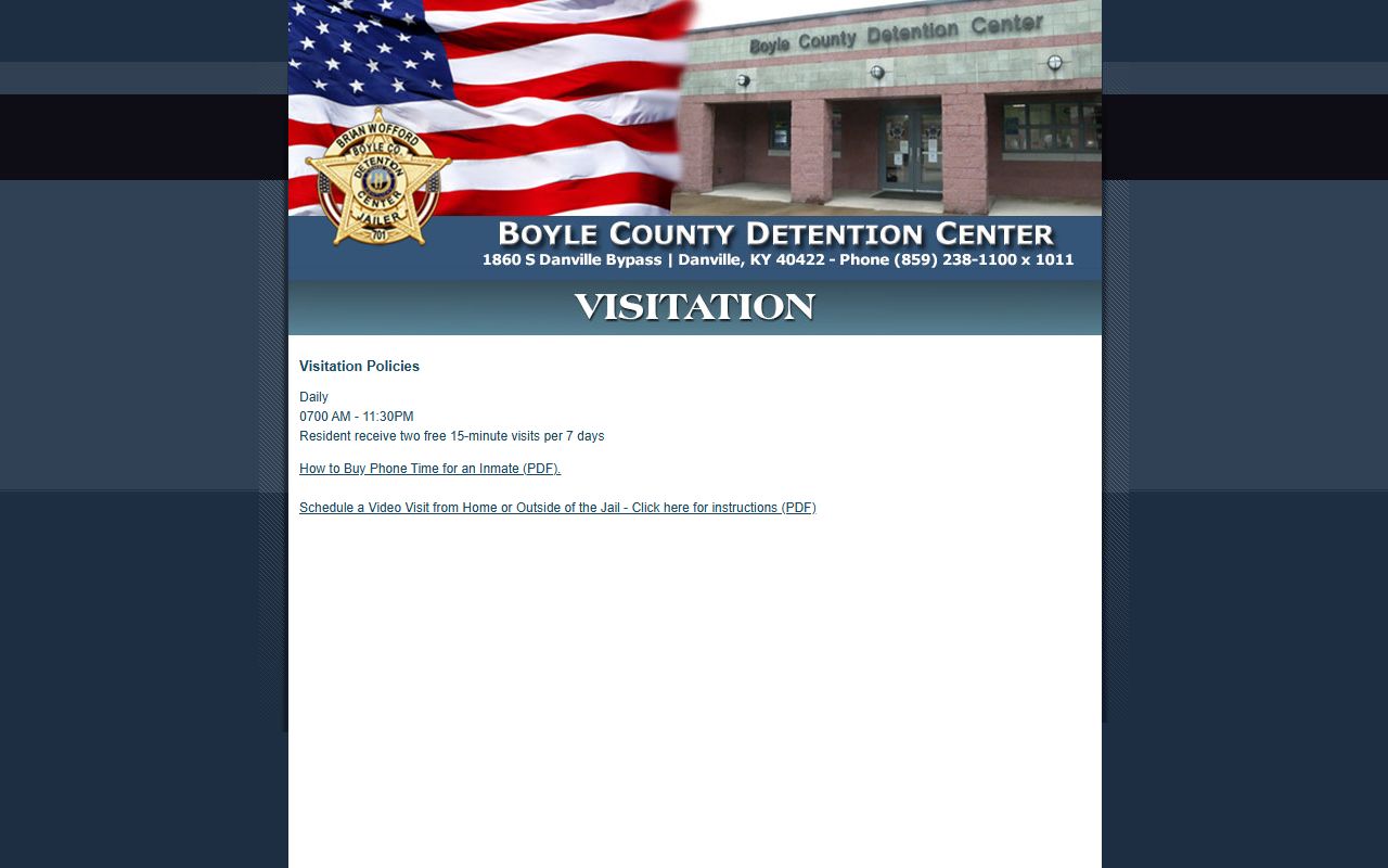 Boyle County detention visitation page with daily video visitation hours