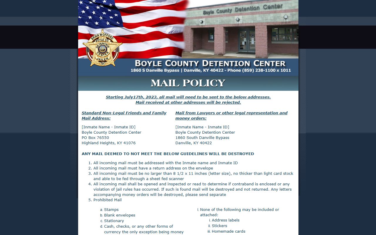 Boyle County detention mail policy used when no separate JRC mail policy is published